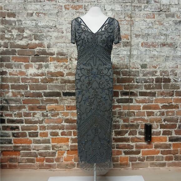 Pisarro Nights Illusion Beaded Mother of Bride Dress Women 8P Gray Wedding Party - Picture 3 of 13